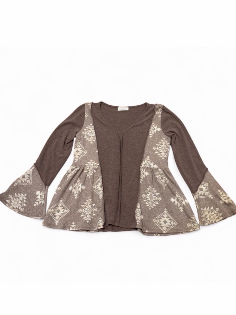 Sugarfox Aztec Babydoll Bell Sleeve Blouse Top Women’s Large Boho Western Spring
